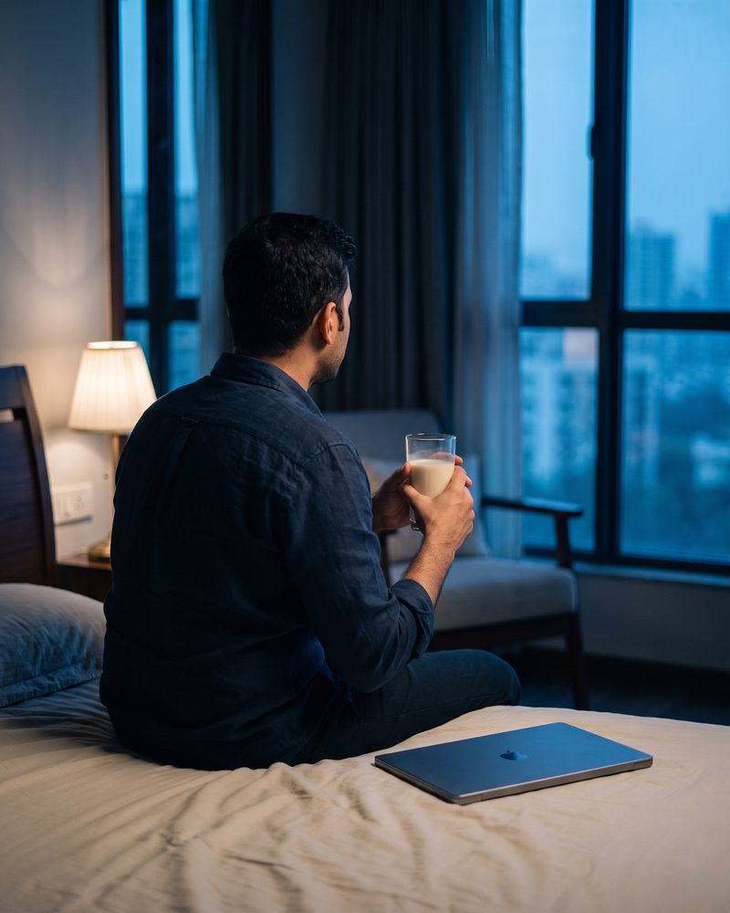 A man sitting on his bed at night with a glass of SILT Nights, laptop closed beside him