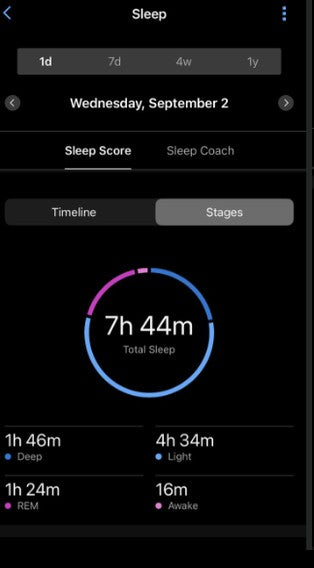 Sleep tracker, Wednesday 2 September: 7 h 44 min total, deep 1 h 46 min, light 4 h 34 min, REM 1 h 24 min, awake 16 min.