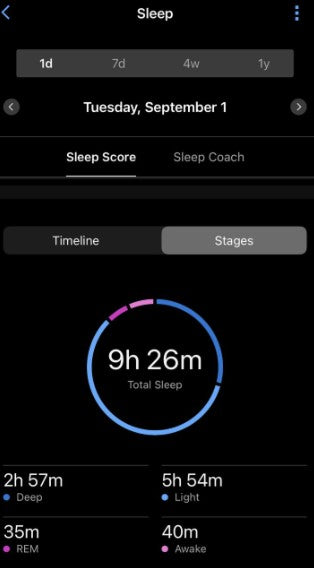 Sleep tracker, Tuesday 1 September: 9 h 26 min total, deep 2 h 57 min, light 5 h 54 min, REM 35 min, awake 40 min.