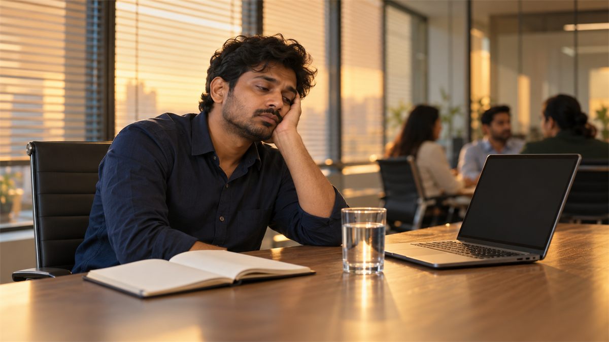 Afternoon energy crash at work: man in a navy shirt resting his cheek on his hand at a meeting table.