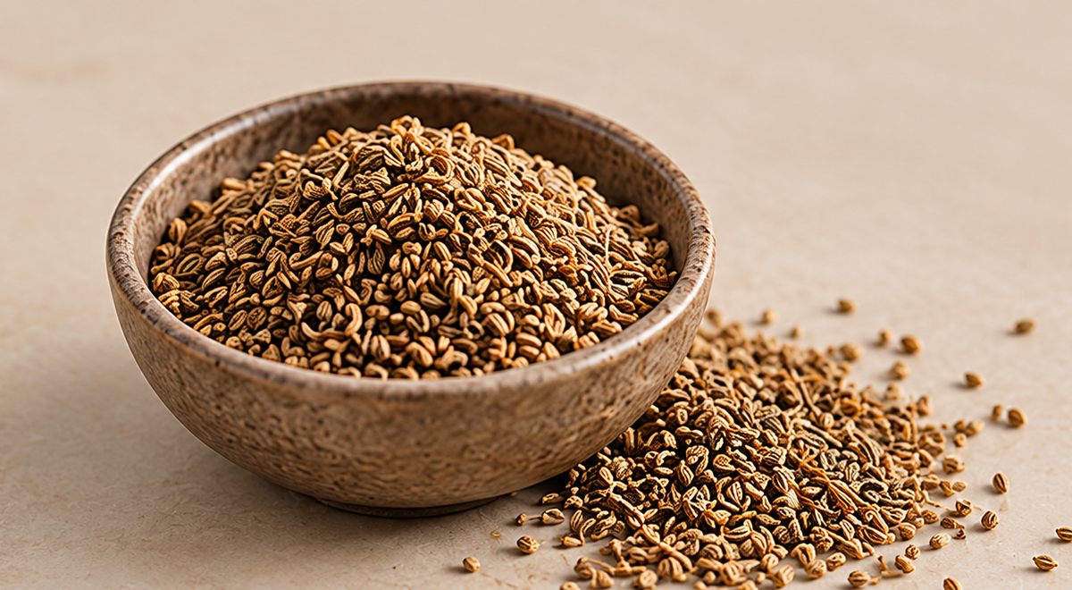 Stoneware bowl heaped with ajwain carom seeds, loose seeds spilling onto a cream marble surface.