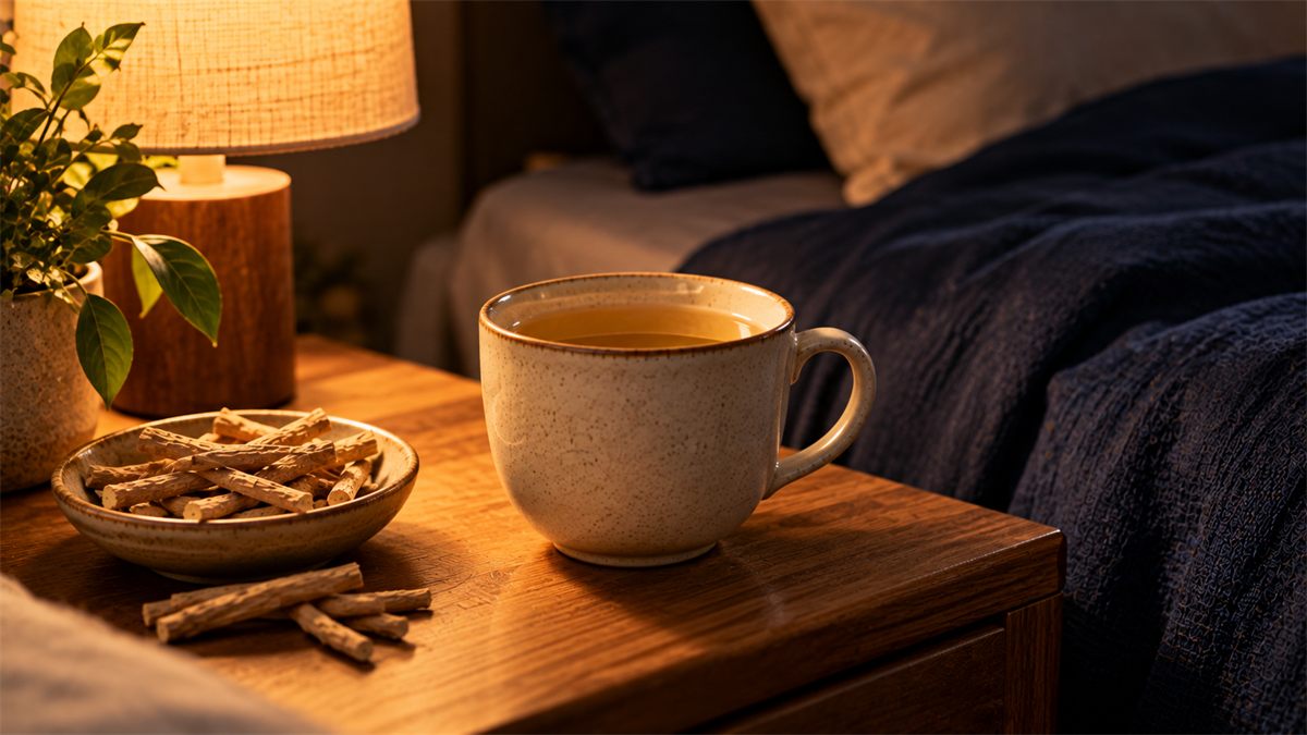 Ashwagandha for sleep: a mug of pale golden drink on a nightstand beside dried ashwagandha root pieces and a lamp.