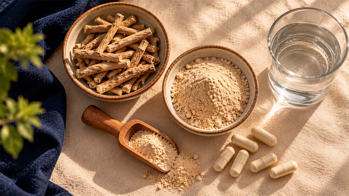Ashwagandha options flat lay: dried roots, beige root powder, plain capsules, a glass of water and a wooden scoop.
