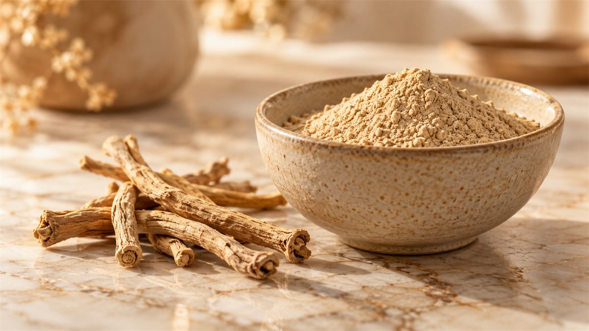 Dried ashwagandha roots beside a stoneware bowl of fine beige root powder on a cream marble surface.