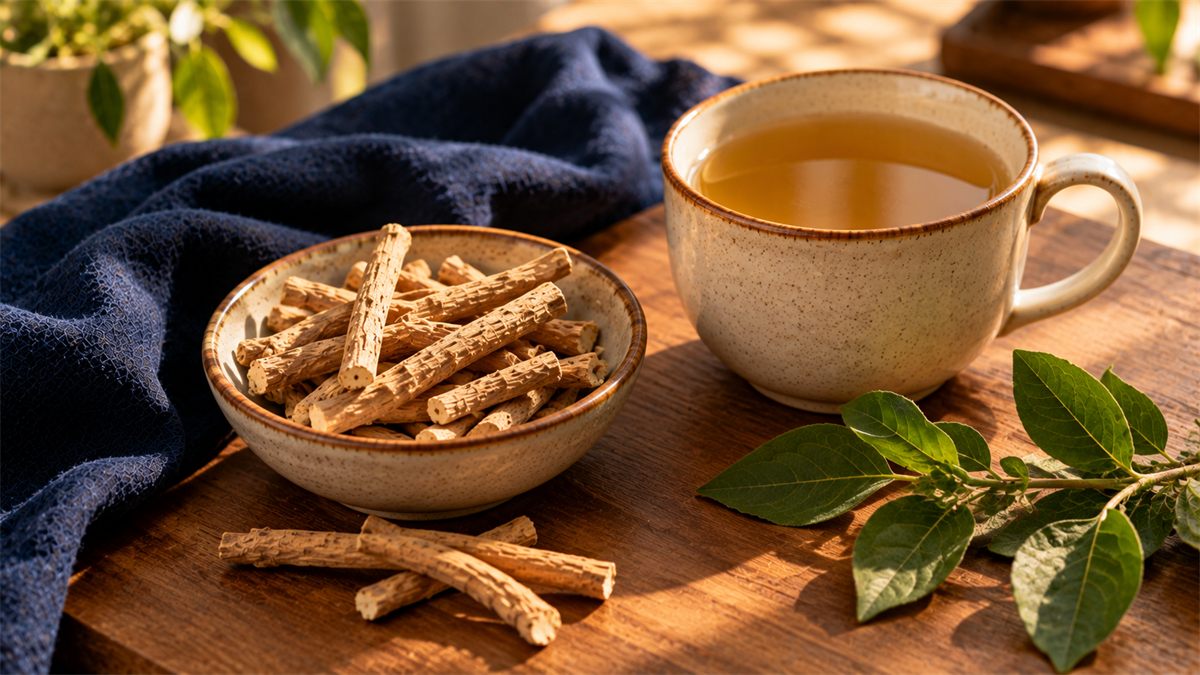 Dried ashwagandha roots in a bowl, a cup of golden ashwagandha tea and green leaves on a wooden table.