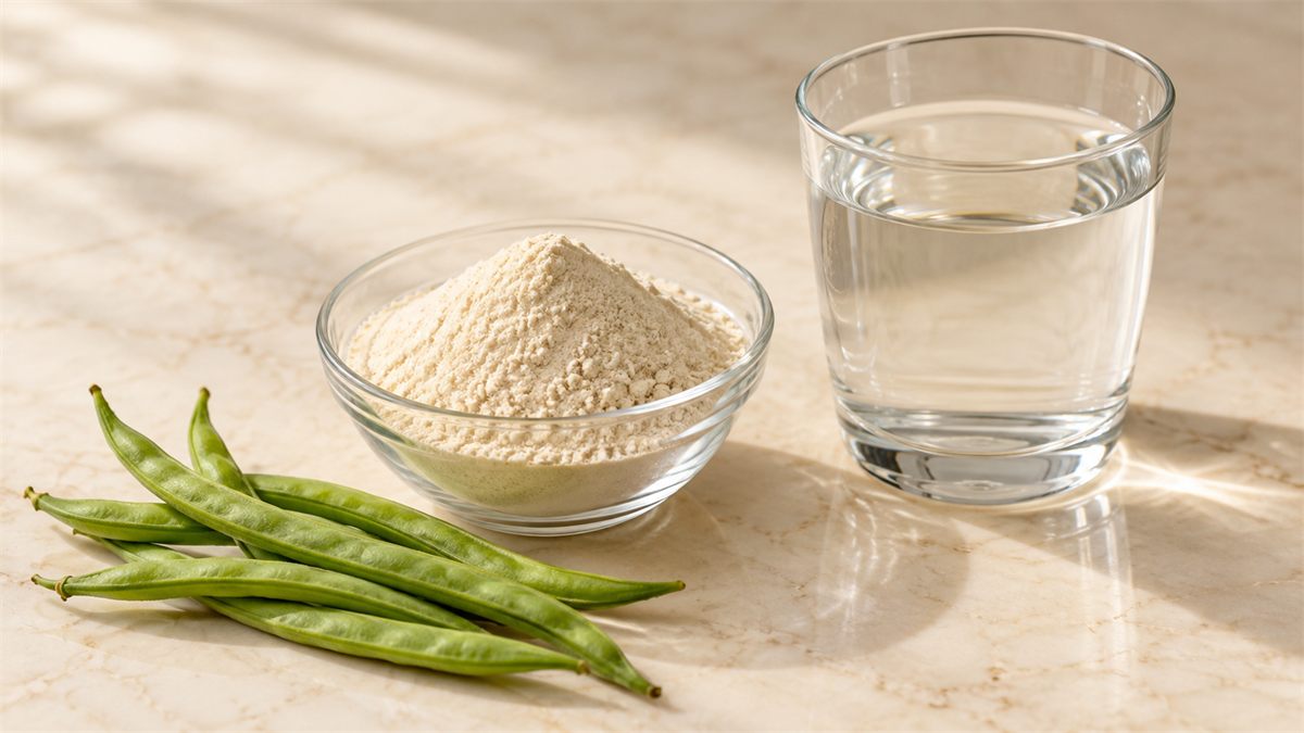 Small glass bowl of fine off-white powder beside a glass of water and green guar pods on cream marble.
