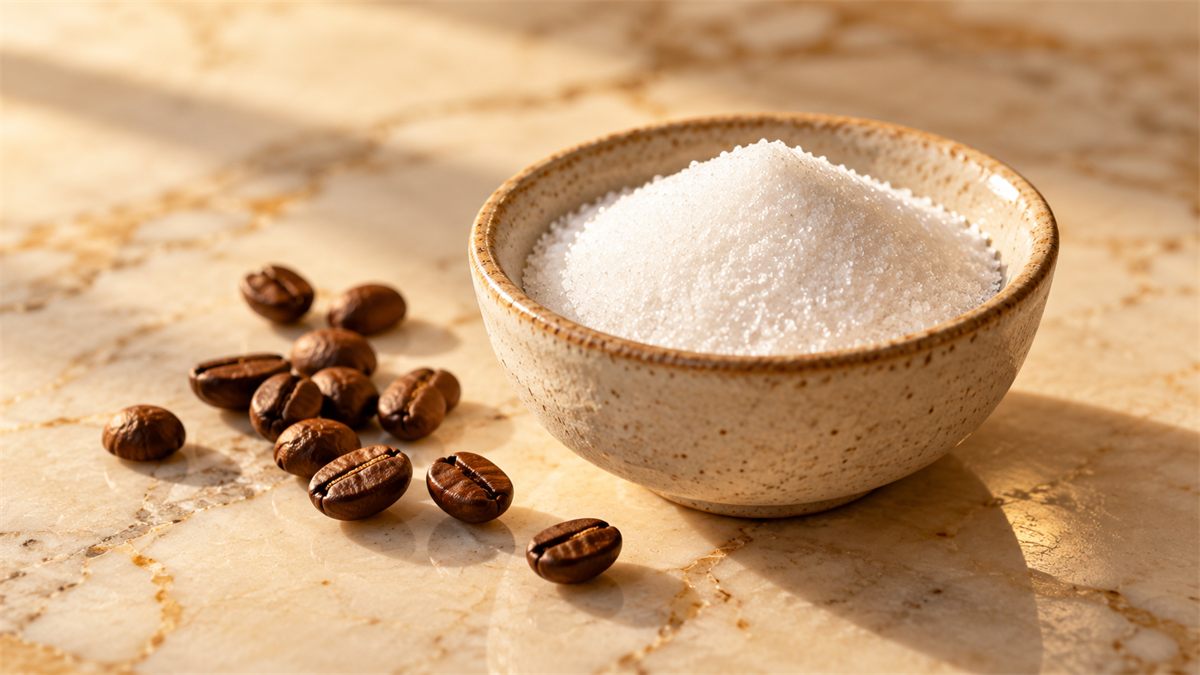 Small bowl of fine white crystalline powder with a few roasted coffee beans on cream marble