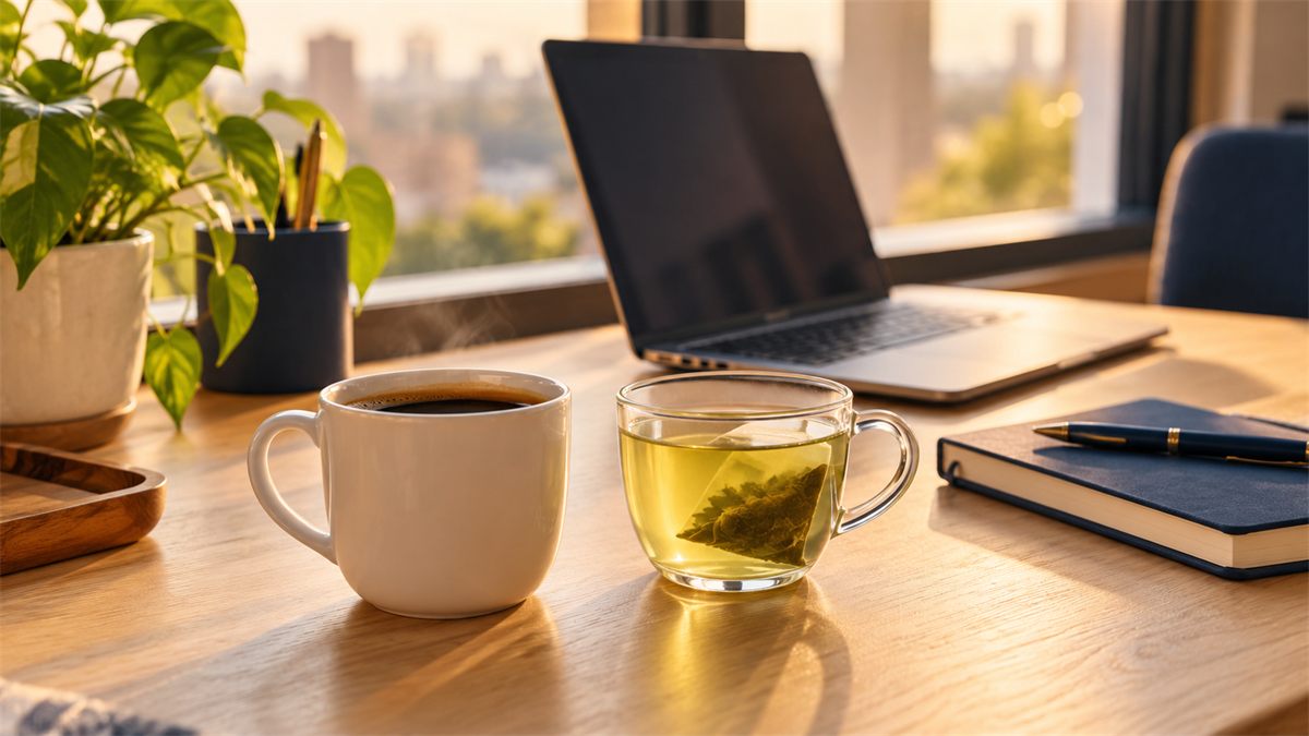 Coffee and green tea on a sunlit desk, the two everyday drinks behind an L-theanine supplement with or without caffeine
