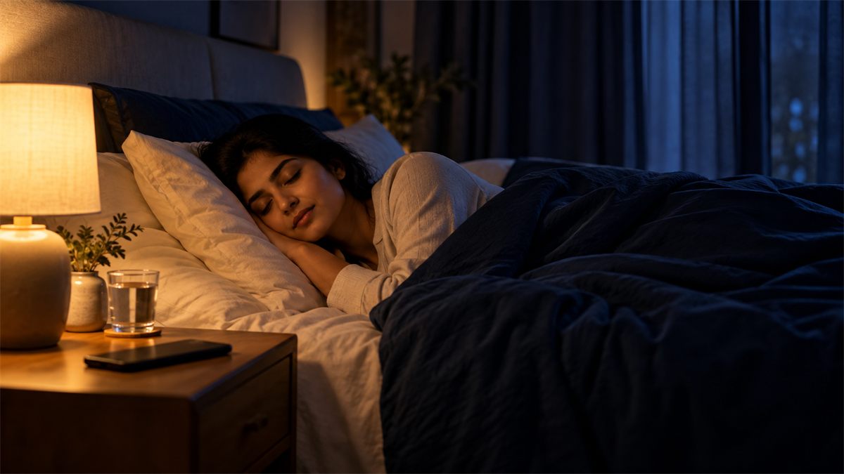 An Indian woman asleep under a navy duvet in a dark bedroom, her phone face-down on the nightstand.
