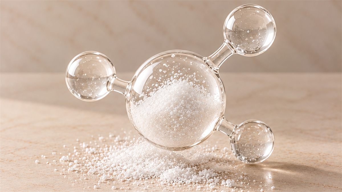 Glass ball-and-stick molecule model holding white glycine powder, with powder scattered on cream marble