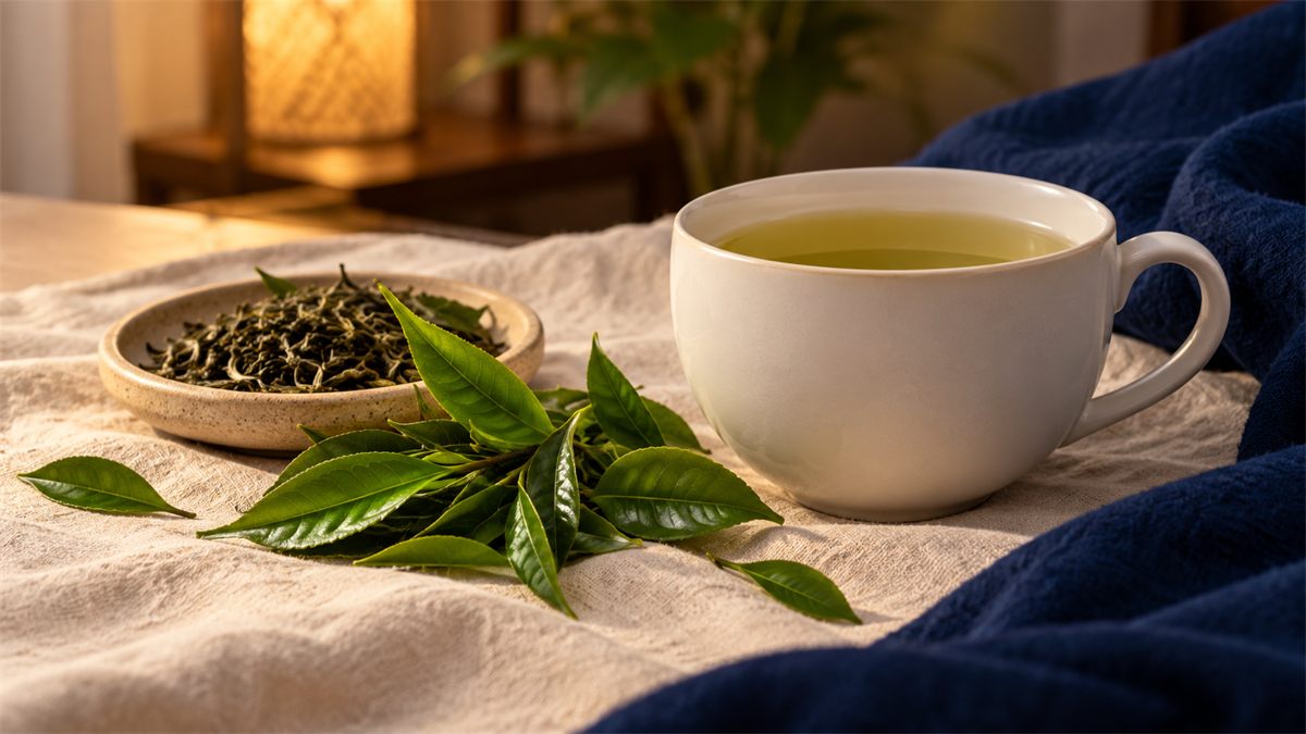 Fresh green tea leaves, a dish of dried tea and a white cup of pale green tea on cream linen