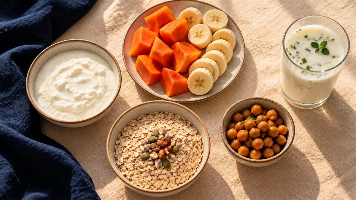 Curd, papaya and banana, oats with nuts and seeds, spiced chana and a glass of buttermilk on cream linen.