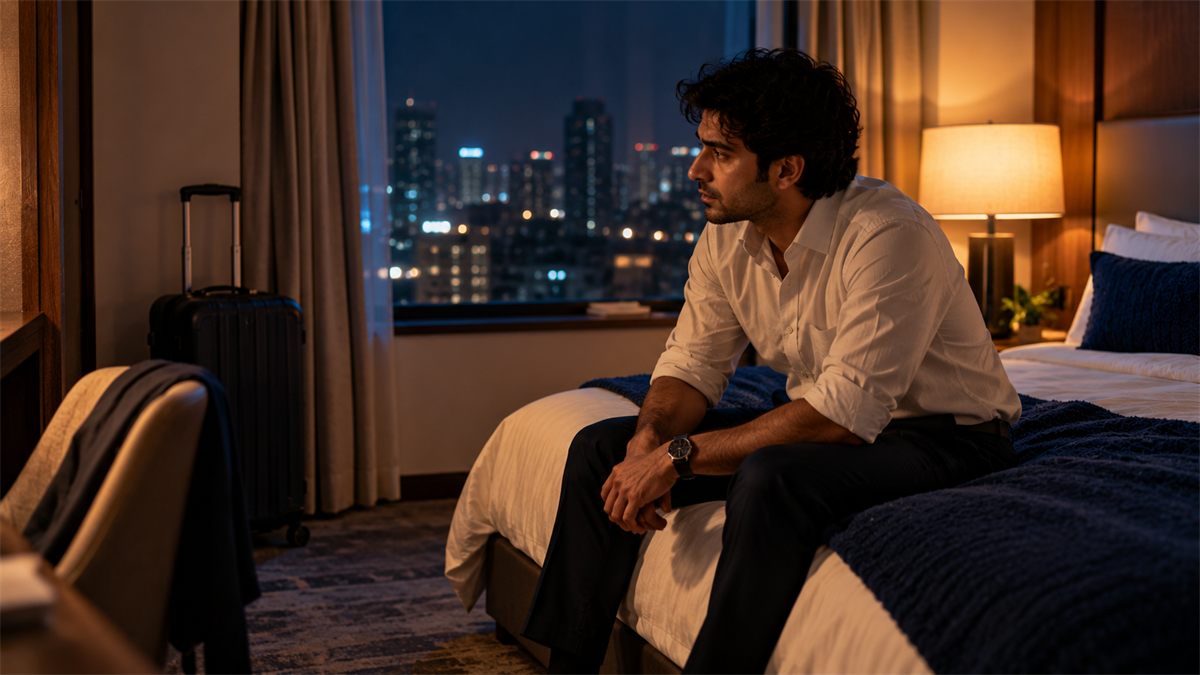 Man in a white shirt sits awake on a hotel bed at night, suitcase behind him, city lights outside