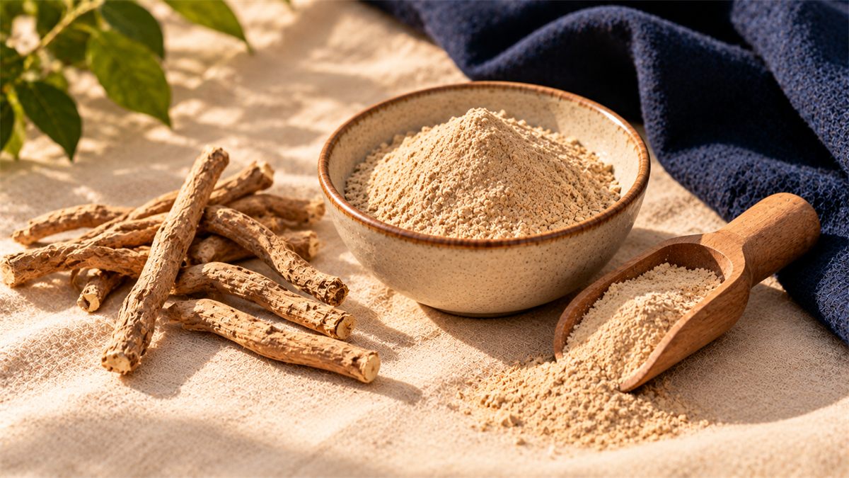 A small bowl of fine beige powder beside dried ashwagandha roots on a sunlit cream marble surface