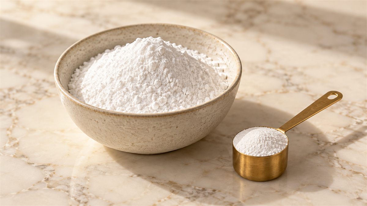 Ceramic bowl of fine white powder with a brass measuring spoon holding a level scoop on cream marble