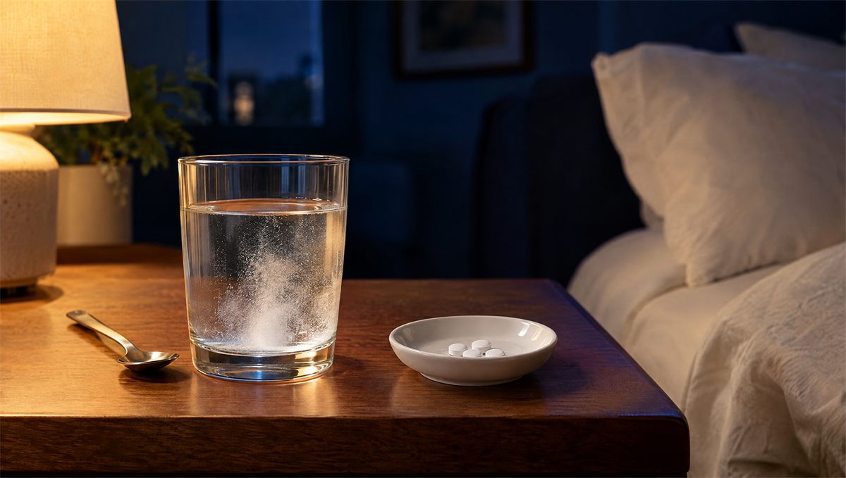 Magnesium vs melatonin illustrated: powder dissolving in a glass of water beside a dish of small tablets on a nightstand