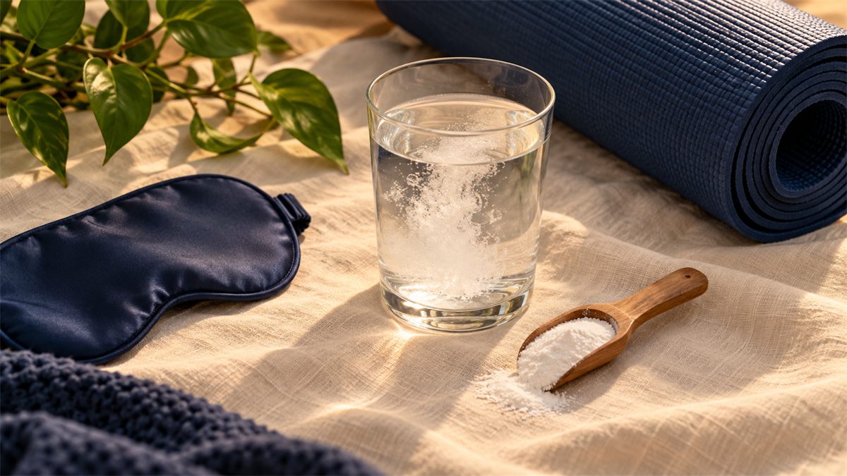 Magnesium glycinate benefits flat lay: powder dissolving in water, a wooden scoop, navy sleep mask and rolled yoga mat.