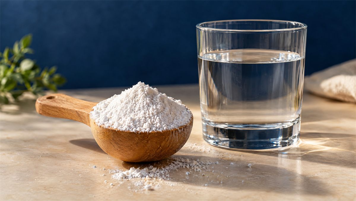 A heaped wooden scoop of fine white powder beside a glass of water on a cream surface.