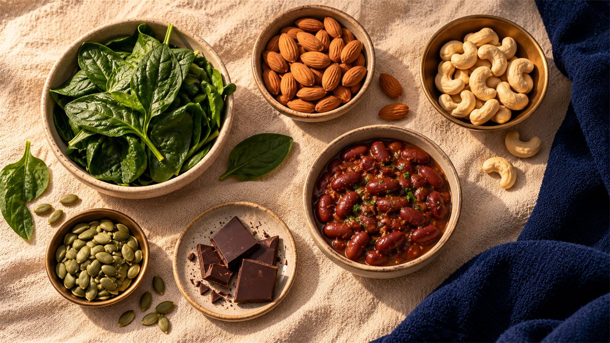 Top-down view of bowls of spinach, almonds, cashews, cooked rajma, pumpkin seeds and dark chocolate on cream linen.
