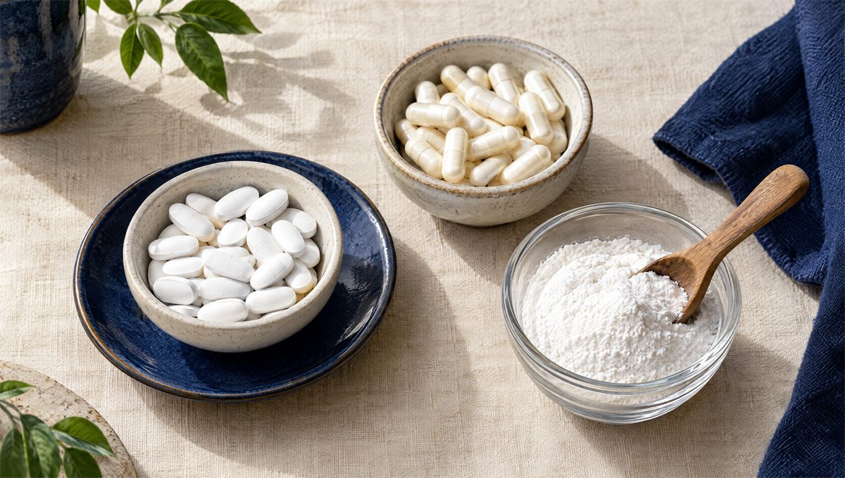 Three forms of magnesium supplement: white tablets, cream capsules and powder with a wooden scoop, in bowls on cream linen.