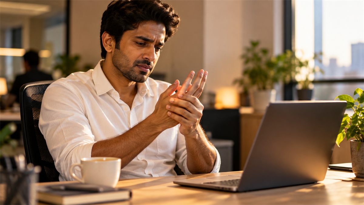 An Indian man in a white shirt rubs his fingers together at his desk, looking concerned, tea beside him.