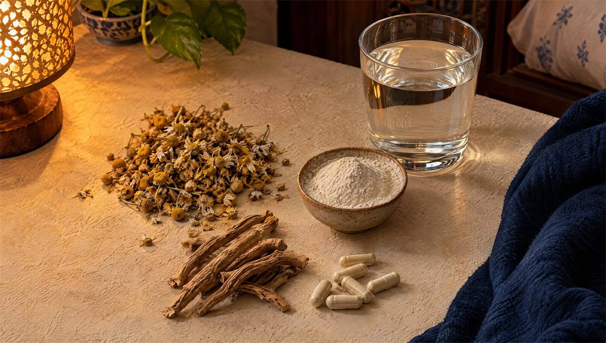 Natural sleep supplement ingredients: dried chamomile flowers, ashwagandha roots, a bowl of pale powder, capsules and a glass of water.