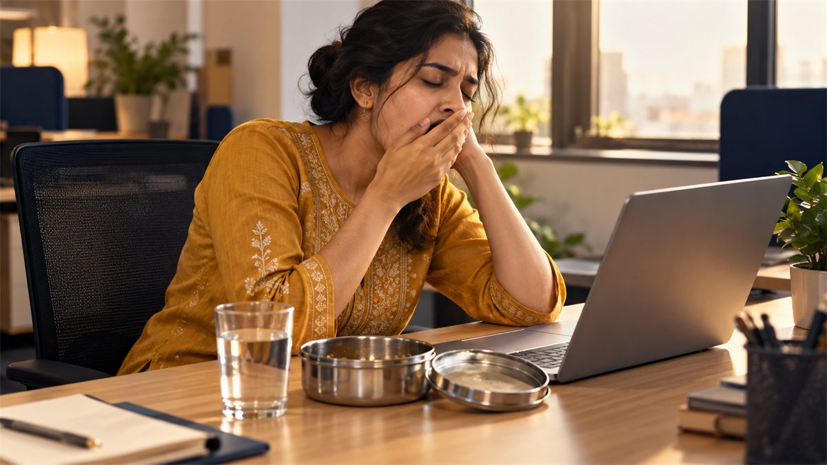 Sleepy after lunch: Indian woman in a mustard kurta yawning at her desk beside a laptop and steel lunch box.