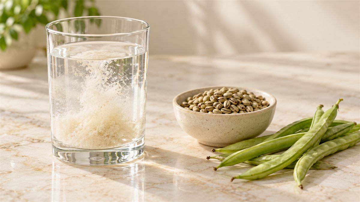 Off-white powder dissolving in a glass of water beside dried guar beans and green guar pods
