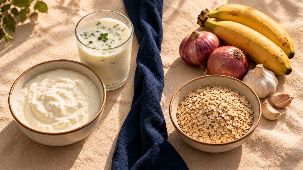 Probiotics vs prebiotics: curd and buttermilk on the left; bananas, onions, garlic and a bowl of oats on the right.