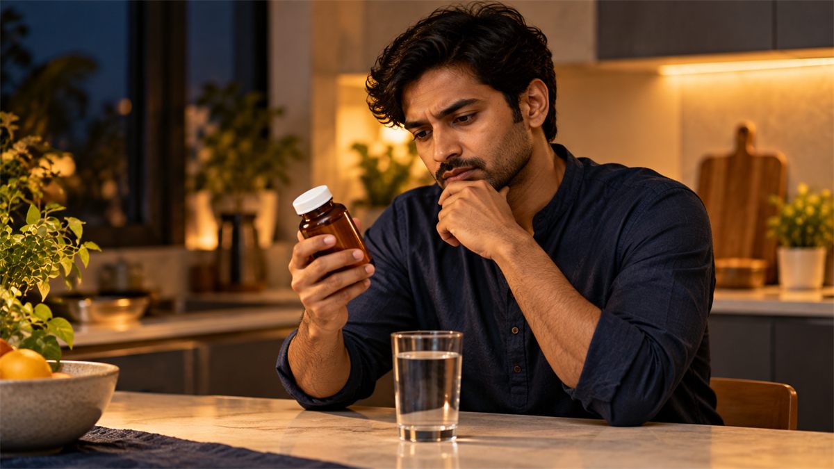 Indian man in a navy kurta reading the back of a plain amber supplement bottle in an evening kitchen.