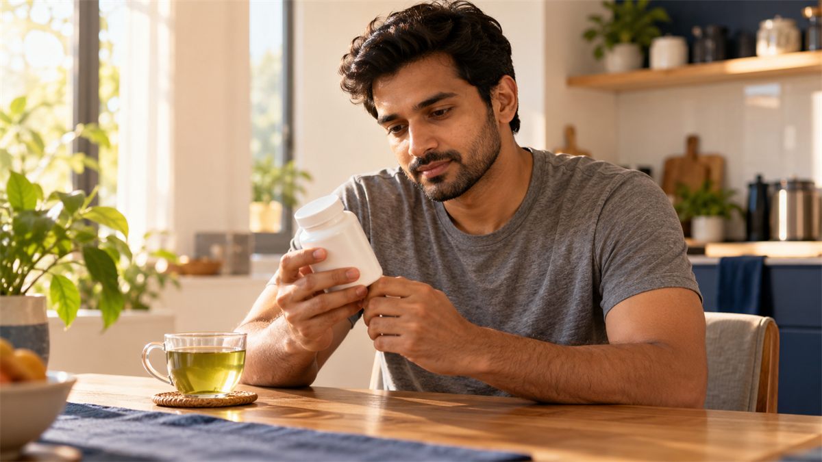 L-theanine side effects: man in a grey T-shirt reading the back of a white supplement bottle, green tea beside him.