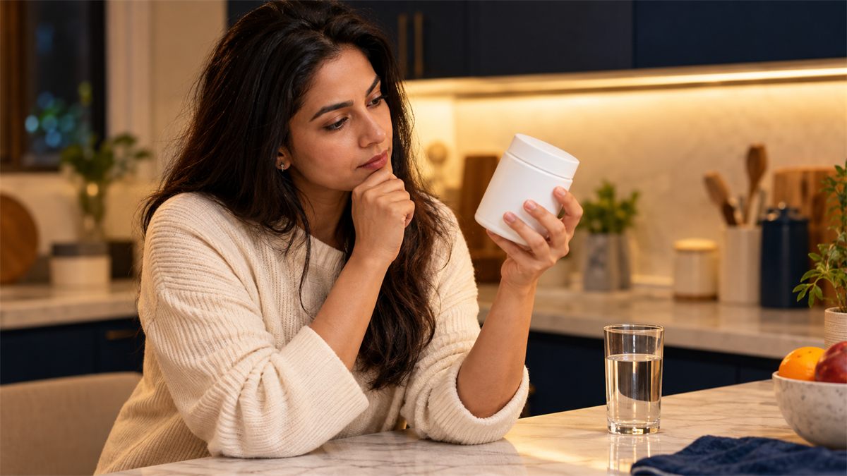 An Indian woman in a cream sweater studies a plain white supplement tub at a marble kitchen counter.