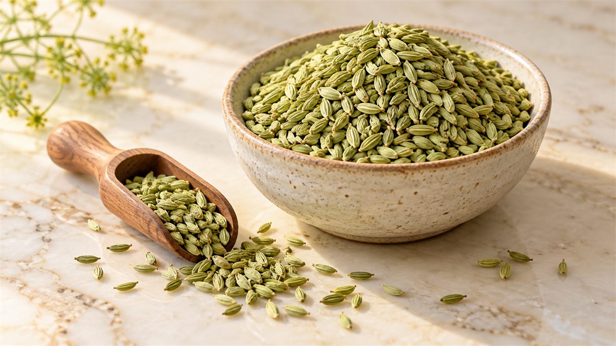 Bowl heaped with green fennel seeds, a wooden scoop and loose seeds on a cream marble surface