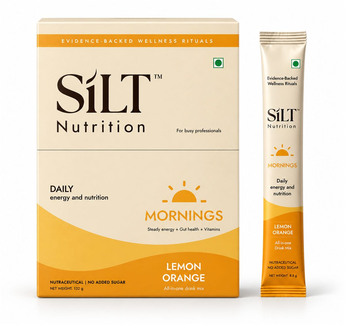 Cream-and-orange SILT MORNINGS box, a vitamin D3 K2 drink mix in Lemon Orange, with one stick beside it