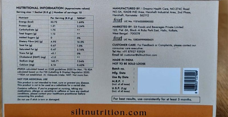 Back of the SILT MORNINGS box showing the nutrition table, FSSAI licence numbers, manufacturer and customer care details