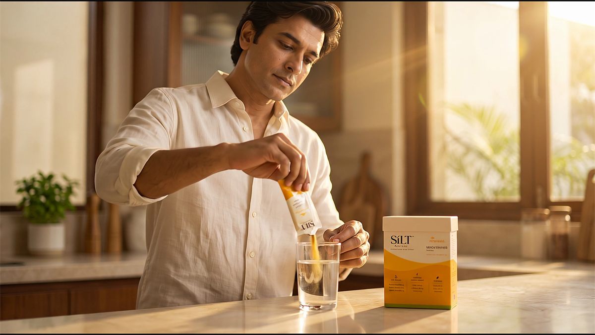 A man in a white linen shirt pours a powder stick into a glass of water at a sunlit counter