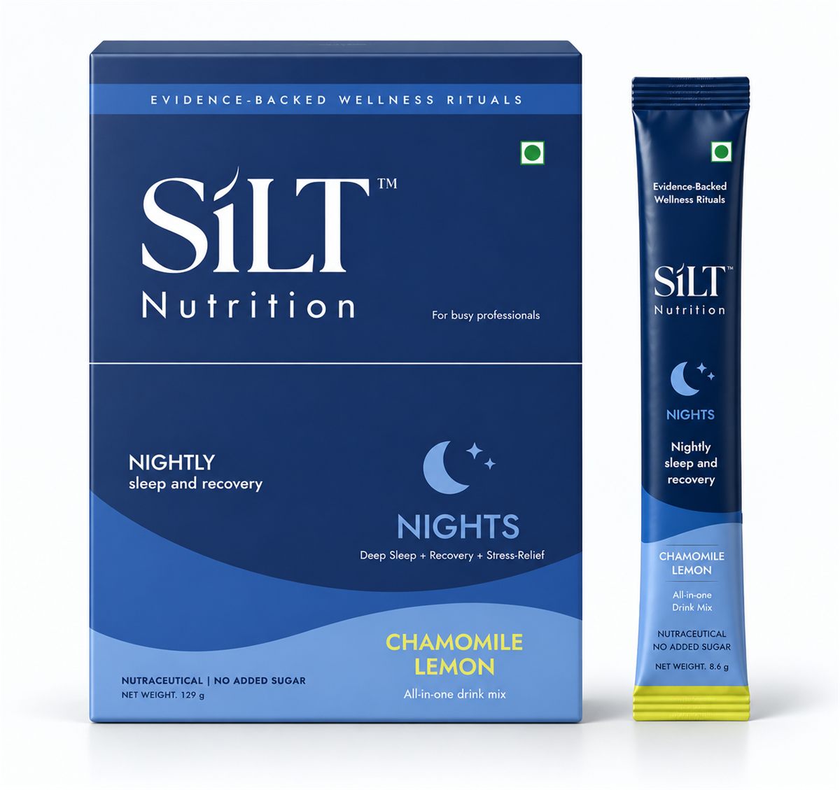 Dark blue SILT NIGHTS ashwagandha supplement box in Chamomile Lemon with one drink-mix stick standing beside it