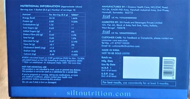 Back of the SILT NIGHTS box showing the nutrition table, FSSAI licence numbers, manufacturer and customer care details
