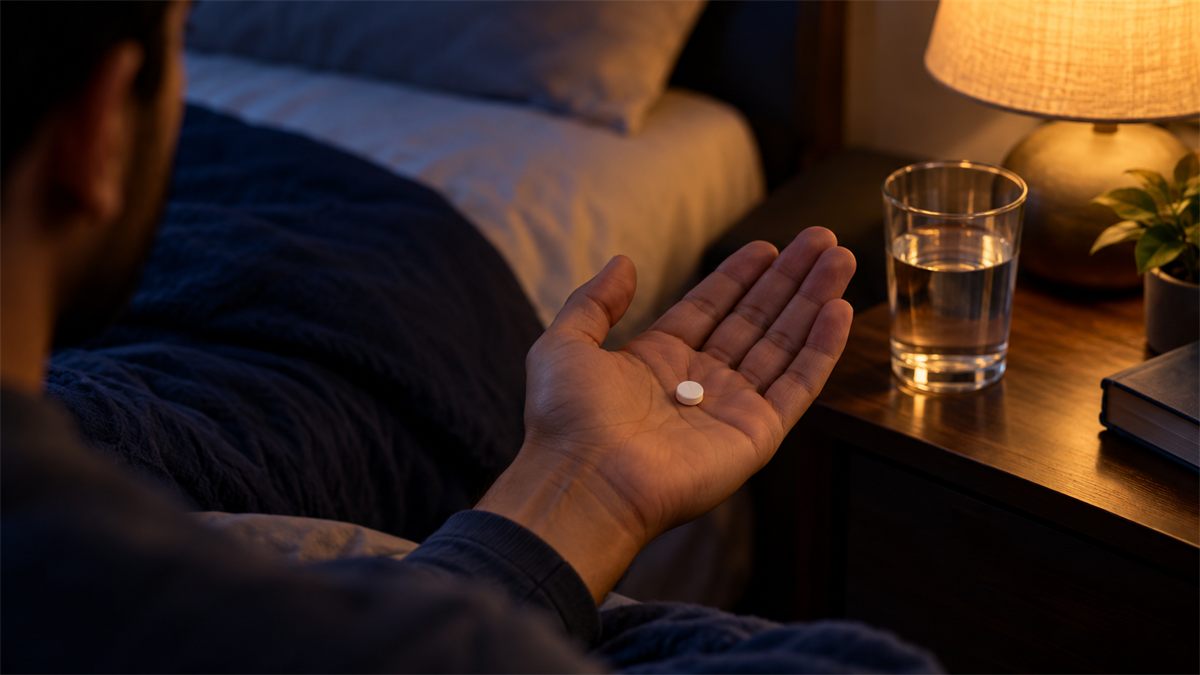 Man on a bed at night holding one plain white tablet in his open palm, a glass of water nearby