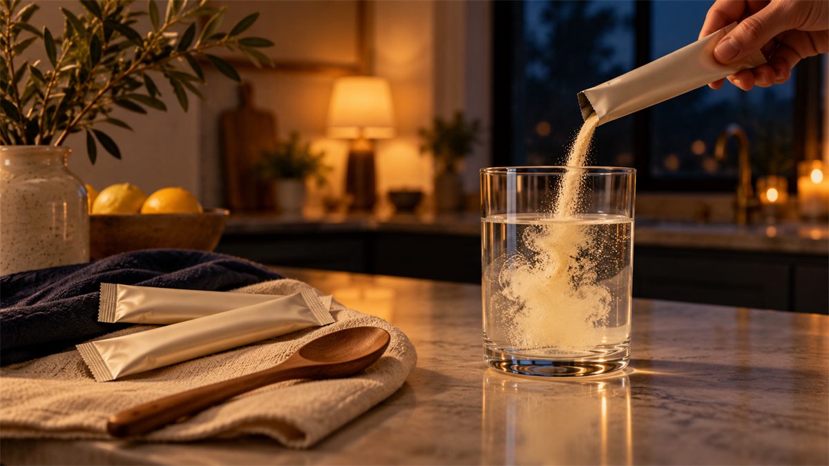 A hand pours pale powder from a plain foil stick into a glass of water on a kitchen counter.