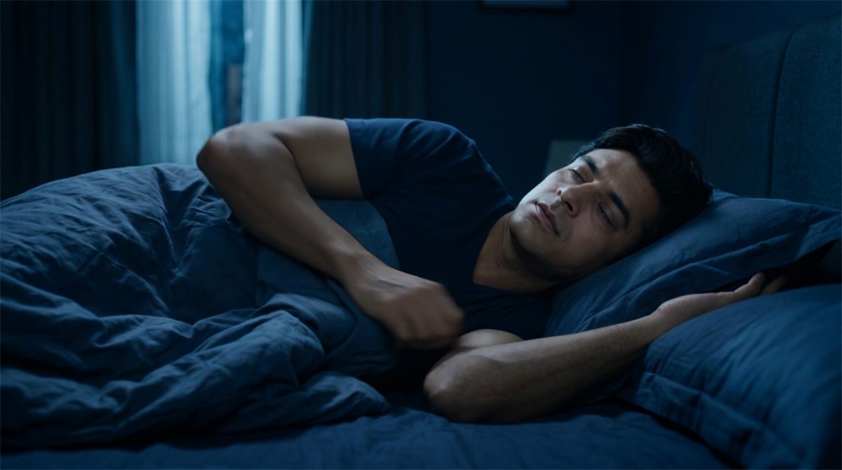 A man asleep on his side in a dark blue bedroom under a navy duvet, with curtains drawn behind him.