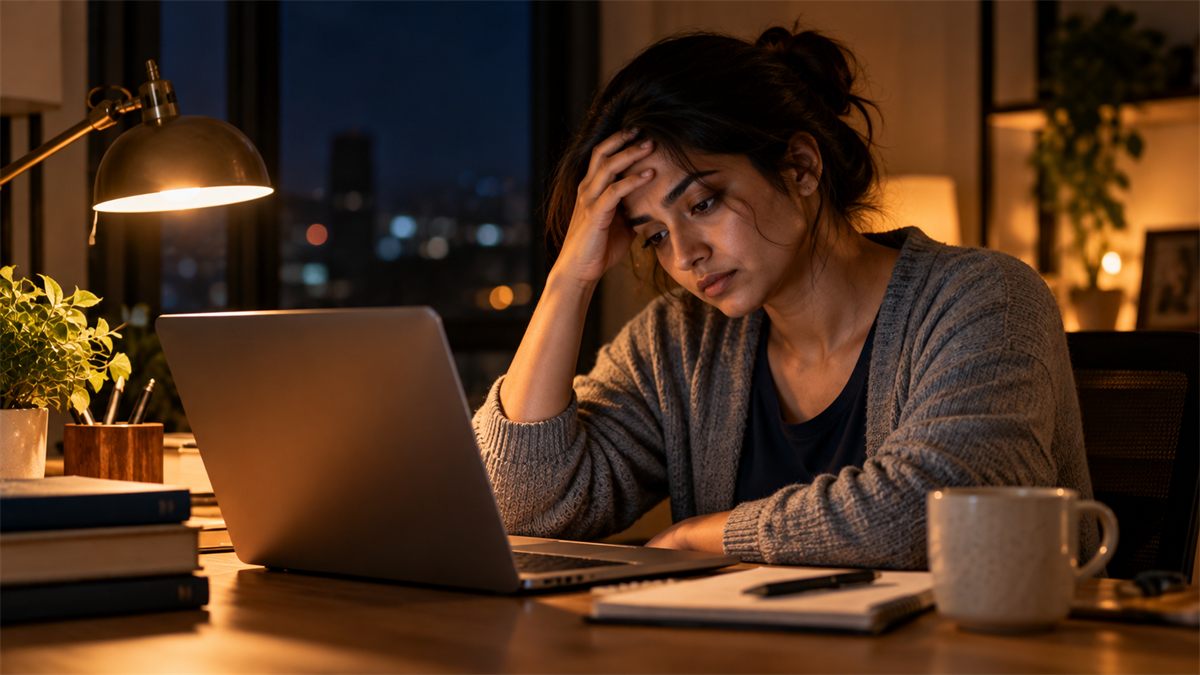 An Indian woman in a grey cardigan at a laptop late at night, hand on her forehead, tired and tense.