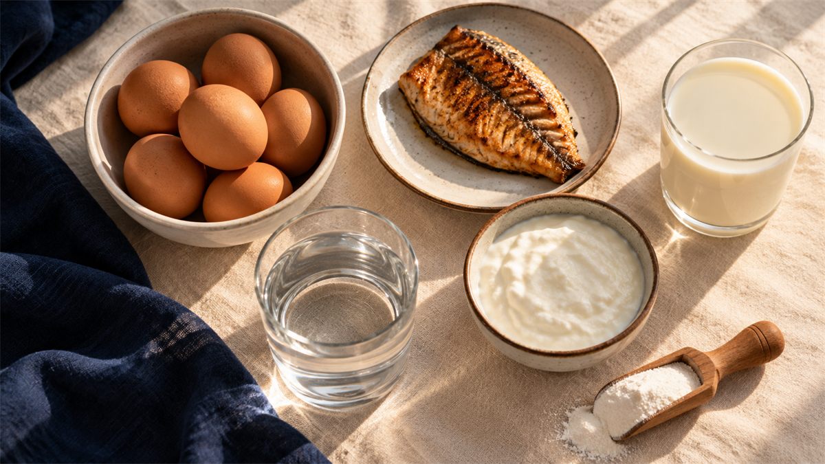 Brown eggs, grilled fish, milk, curd, a glass of water and a scoop of white powder on cream linen.