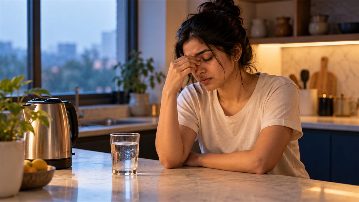 An Indian woman rubs her eyes at a kitchen counter at dawn, beside a kettle and a glass of water.