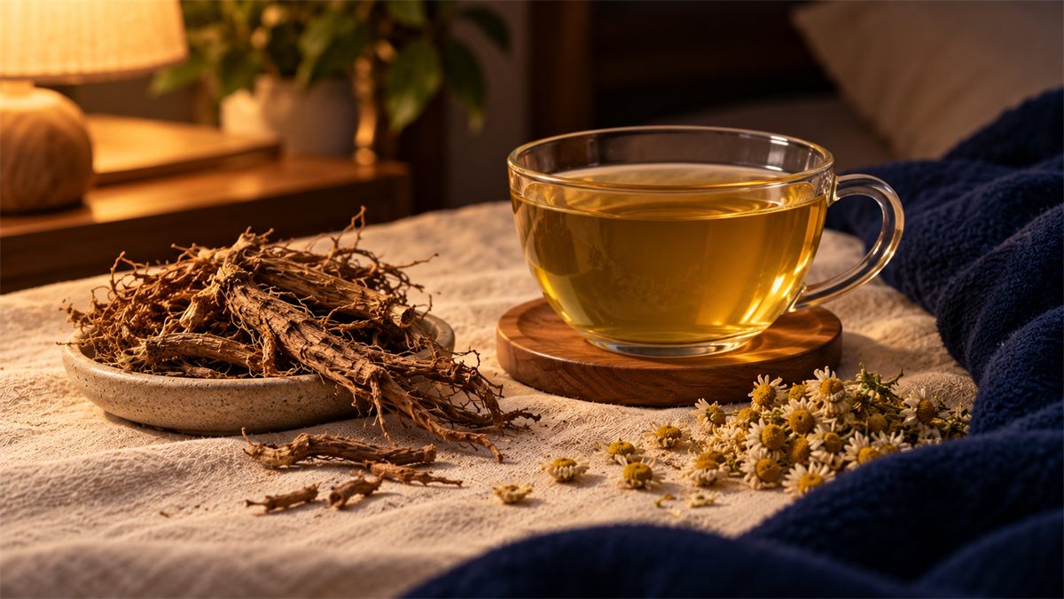 Dried valerian roots in a dish, a glass cup of chamomile tea on a wooden coaster and dried chamomile flowers.