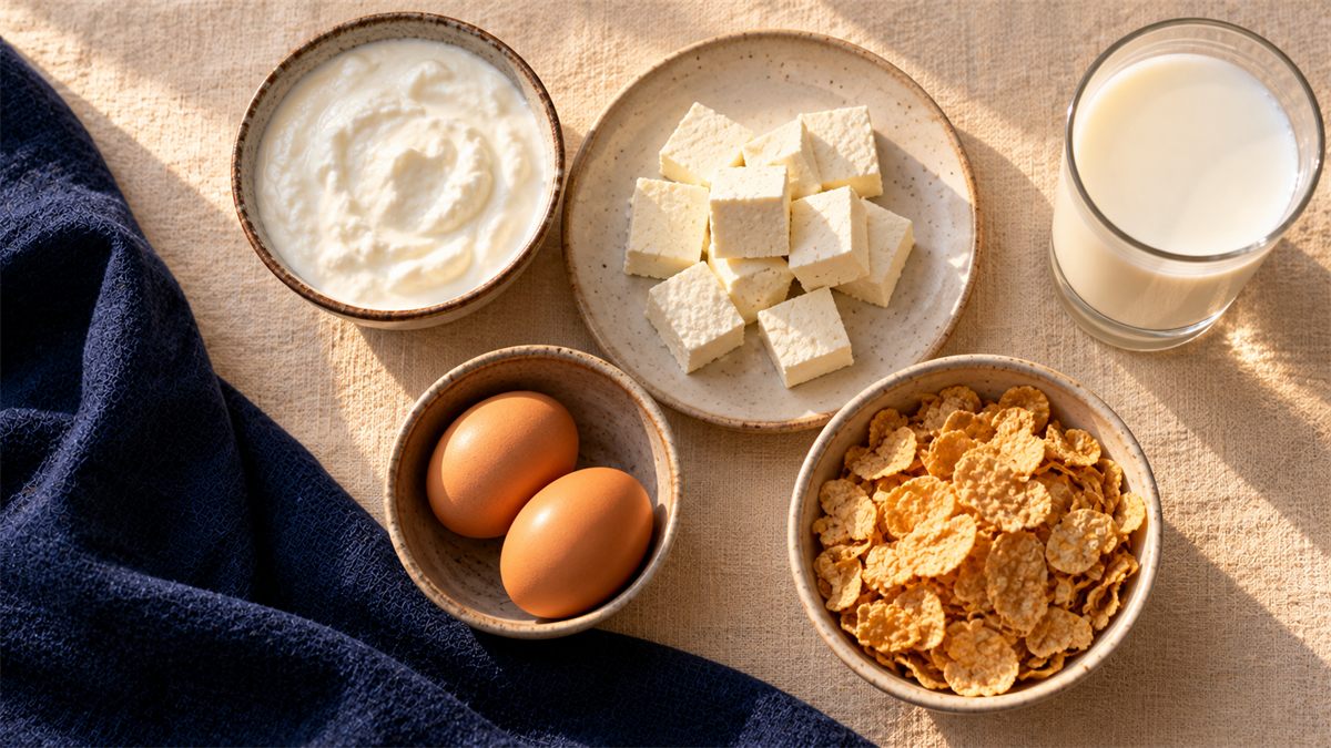 Vitamin B12 rich foods: curd, paneer cubes, a glass of milk, two eggs and breakfast cereal on cream linen