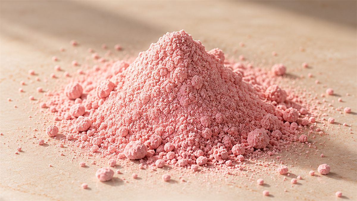 A pile of fine pink powder on a sunlit cream marble surface.