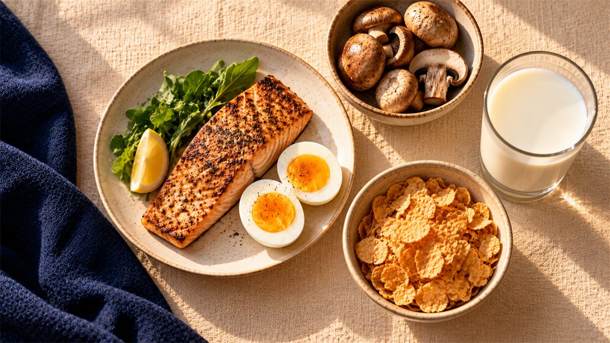 Vitamin D rich foods on cream linen: grilled fish, halved boiled eggs, mushrooms, milk and cereal.