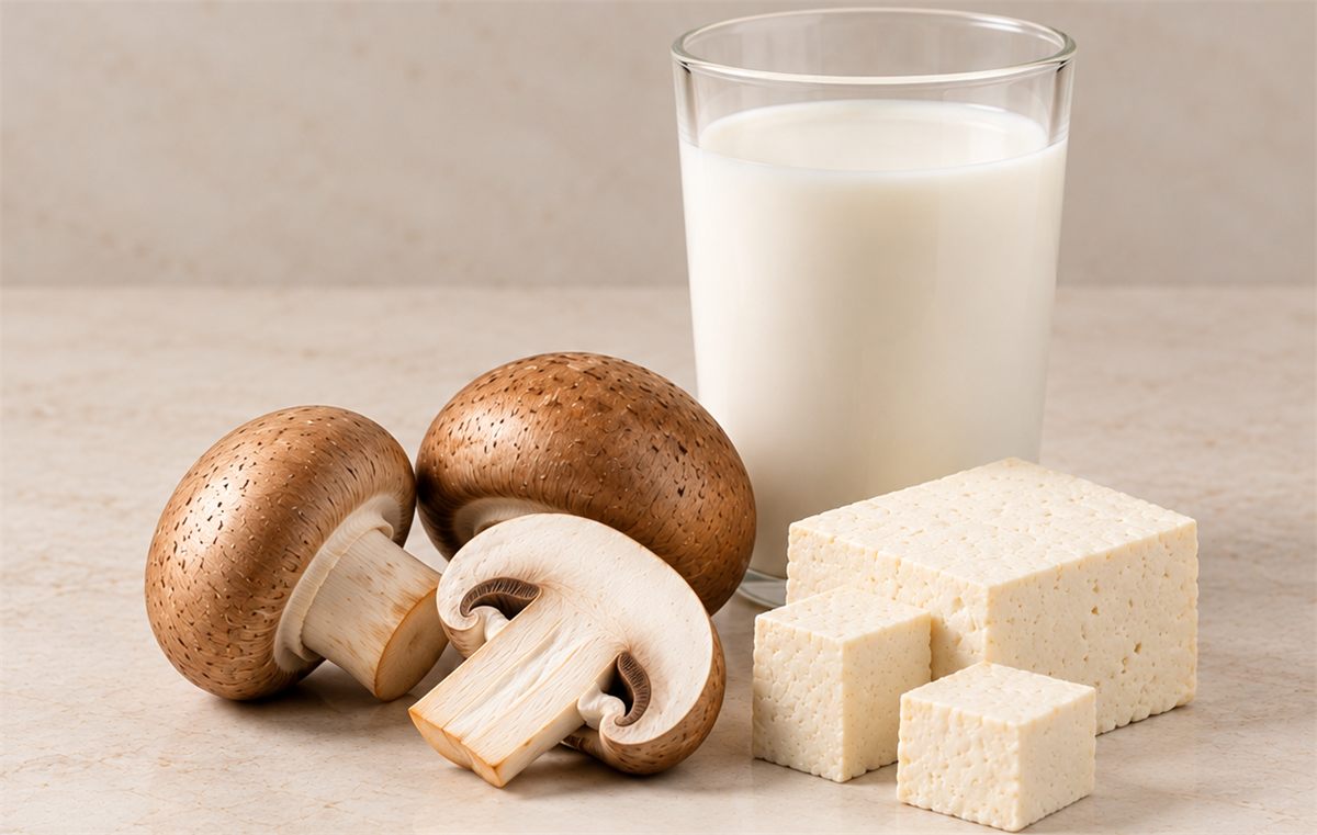 Brown mushrooms, one halved, beside a glass of milk and white tofu cubes on a cream marble surface.