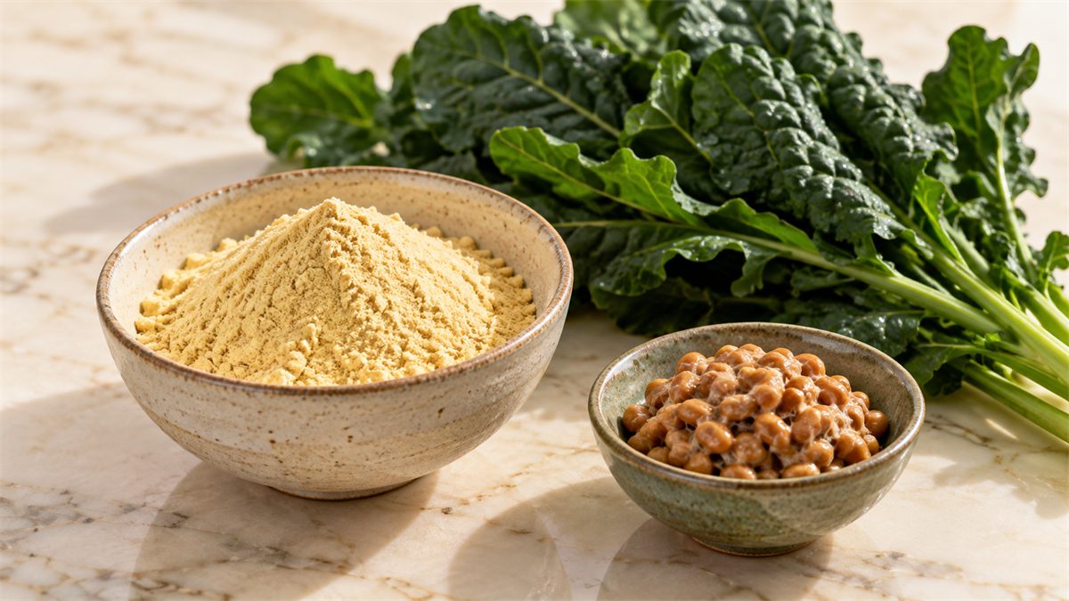 Stoneware bowl of fine pale yellow powder beside dark leafy greens and a glass bowl of soybeans on cream marble.